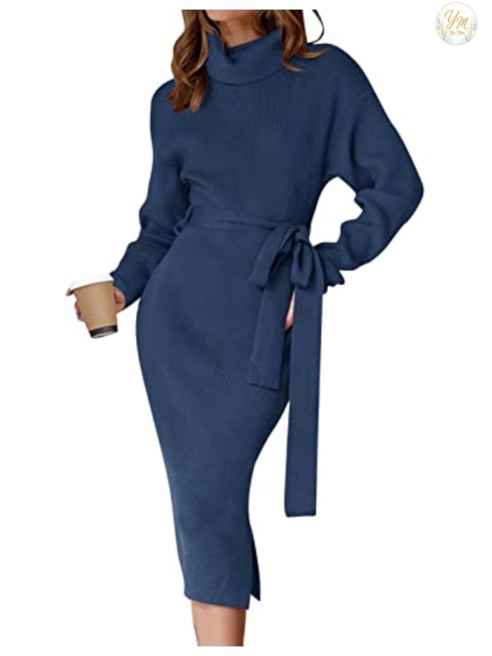Ribbed Knit Turtleneck Bodycon Midi Sweater Dress with Belt